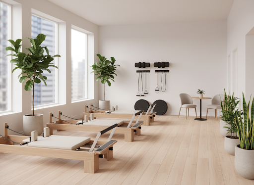 Estudio de pilates boutique con reformers y luz natural