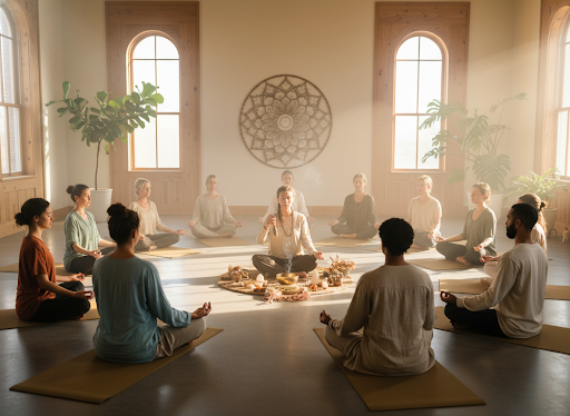 Clase de yoga en un estudio luminoso con plantas