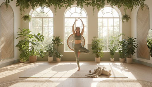 Interior de estudio wellness con una persona practicando yoga